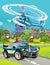 Cartoon scene with police sedan car vehicle on the road and police helicopter worker - illustration