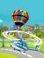Cartoon scene with police vehicle helicopter flying near park road and colorful balloon flying over water - illustration for