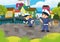 cartoon scene with policemen girl and boy in the city park in action illustration for children