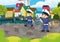 cartoon scene with policemen girl and boy in the city park in action illustration for children