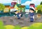 cartoon scene with policemen girl and boy in the city park in action illustration for children