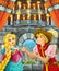 Cartoon scene with prince and princess talking together in the castle room