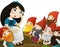 Cartoon scene with princess and dwarfs talking illustration