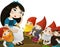 Cartoon scene with princess and dwarfs talking illustration