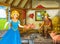 Cartoon scene with princess and farmer rancher in the barn pigsty