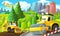 Cartoon scene with road roller and excavator working near the city illustration