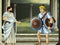 Cartoon scene with roman or greek warrior ancient character near some ancient building like temple