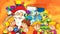 Cartoon scene with santa claus and kids waiting for presents and decorating christmas tree - illustration