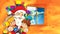 Cartoon scene with santa claus and kids waiting for presents and decorating christmas tree - illustration