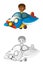 Cartoon scene with sketch with kid in toy traditional plane with propeller flying - illustration