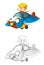 Cartoon scene with sketch with kid in toy traditional plane with propeller flying - illustration