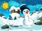 Cartoon scene with a snowman - with footsteps - background for different fairy tales