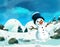 Cartoon scene with a snowman - with footsteps - background for different fairy tales