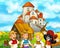 Cartoon scene with some medieval farmers and cat standing talking and smiling beautiful castle in the background illustration for