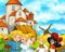 Cartoon scene with some medieval farmers wedding couple and cat standing talking and smiling beautiful castle in the background