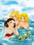 Cartoon scene with three mermaids swimming with big shell