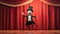 Cartoon scene A tie with a top hat and cane is twirling and tap dancing on stage much to the amut of the audience