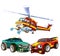 cartoon scene with two sports cars crashing in accident with flying fireman helicopter isolated illustration for children