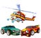 cartoon scene with two sports cars crashing in accident with flying fireman helicopter isolated illustration for children