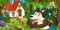 Cartoon scene with wolf in the forest near beautiful wooden farm house