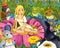Cartoon scene with young beautiful elf girl on the meadow with flying with different animal friends - cuckoo bird mouse mole