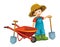 Cartoon scene young boy near wheelbarrow - farming tools