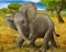 Cartoon scene with young elephant traveling through some meadow safari