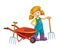 Cartoon scene young girl near wheelbarrow - farming tools