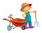 Cartoon scene young girl near wheelbarrow - farming tools