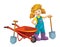 Cartoon scene young girl near wheelbarrow - farming tools