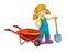 Cartoon scene young girl near wheelbarrow - farming tools