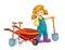 Cartoon scene young girl near wheelbarrow - farming tools