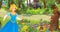 Cartoon scene with young girl princess in the forest near some castles in the forest