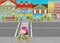Cartoon scene with young girl on the road in the city