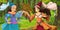 Cartoon scene with young royal witch princess traveling and encountering princess sorceress and hidden wooden house in the forest