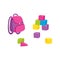 Cartoon school bag, backpack and wooden blocks