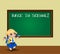 Cartoon school girl near blackboard with chalk inscription back to school in classroom