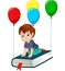 Cartoon schoolboy flying on a book