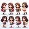 Cartoon schoolgirl with different hairstyles and facial expressions. Vector illustration