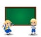 Cartoon schoolgirl and schoolboy standing near blackboard with copy space