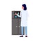 Cartoon scientist woman in lab coat taking glass beaker out of shelf