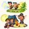 Cartoon scouting children mentor guides outdoor adventures and survival activities in camping