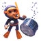 Cartoon scuba snorkel diver watching a drum sink in the sea, 3d illustration