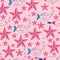 Cartoon sea animals background. Seamless pattern with cute funny starfish. Pink background.