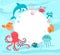 Cartoon sea animals fish, crab and starfish, octopus and jellyfish, and dolphin coral, shell big white banner