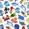 Cartoon sea animals, ocean fish seamless pattern