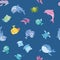 Cartoon sea animals, seamless pattern. Whale, shark, dolphin and other fish and animals. Vector background illustration.