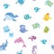 Cartoon sea animals, seamless pattern. Whale, shark, dolphin and other fish and animals. Vector background illustration.