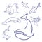 Cartoon sea animals set. Whale, turtle, dolphin, gull, hammerhead fish, shark, walrus. Hand drawn doodle vector