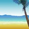 Cartoon sea background with sandy tropical beach with palm tree